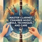 Clarinet in Chamber Music: Role, Repertoire, Technique, and Care Colorful illustration of a clarinet surrounded by violins, musical notes, and waveforms, emphasizing chamber music, clarinet techniques, and musical care.
