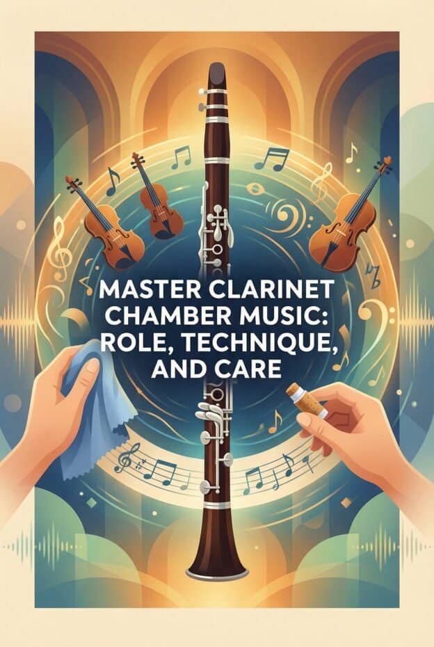 Clarinet in Chamber Music: Role, Repertoire, Technique, and Care 1 Colorful illustration of a clarinet surrounded by violins, musical notes, and waveforms, emphasizing chamber music, clarinet techniques, and musical care.