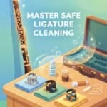 Clarinet Ligature Cleaning Guide: Safe Methods For Metal, Leather & Fabric Image shows a clarinet, cleaning supplies, and safety tools on a wooden table, emphasizing the importance of careful ligature cleaning for wind instruments.
