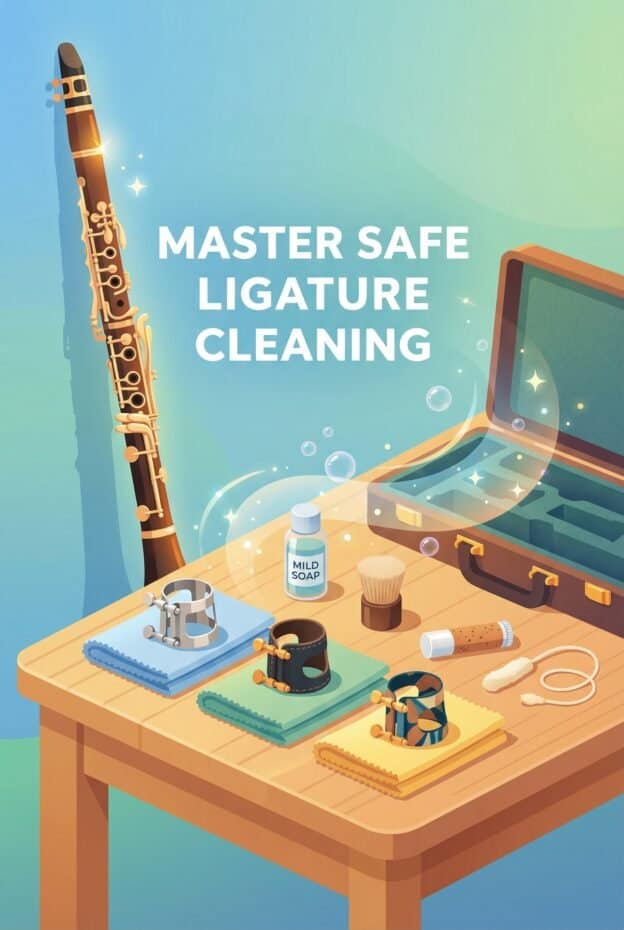 Image shows a clarinet, cleaning supplies, and safety tools on a wooden table, emphasizing the importance of careful ligature cleaning for wind instruments.
