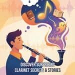 Unusual Clarinet Trivia: Strange Facts, Sounds & Stories Every Player Should Know High-quality clarinet with musical notes, books, and sound waves representing musical stories. Perfect for clarinet enthusiasts and music lovers.