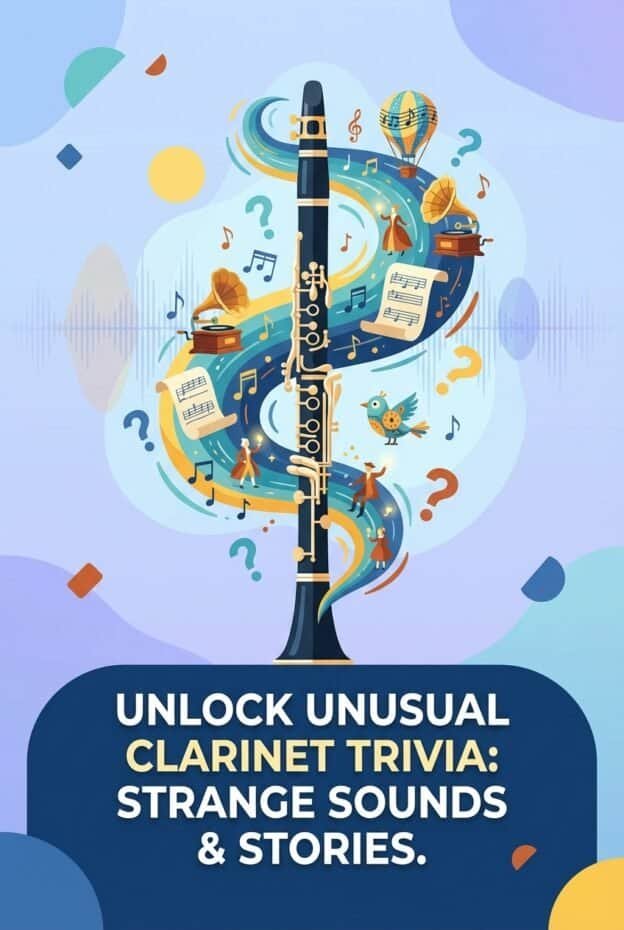 Colorful clarinet with musical notes, vintage gramophones, tiny figures, and whimsical elements representing unique clarinet trivia and musical stories.