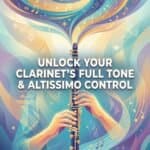 Clarinet Resonance Fingerings: Complete Guide To Tone & Altissimo Control A vibrant digital artwork featuring a pair of hands playing a clarinet, with swirling musical notes and abstract patterns, capturing the essence of musical mastery.