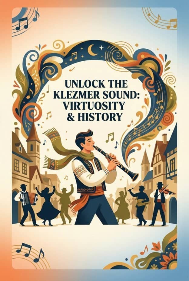 2. Vibrant illustration showcasing a musician playing a klezmer instrument amidst a lively town square scene, emphasizing the rich history and joyous spirit of traditional klezmer music.