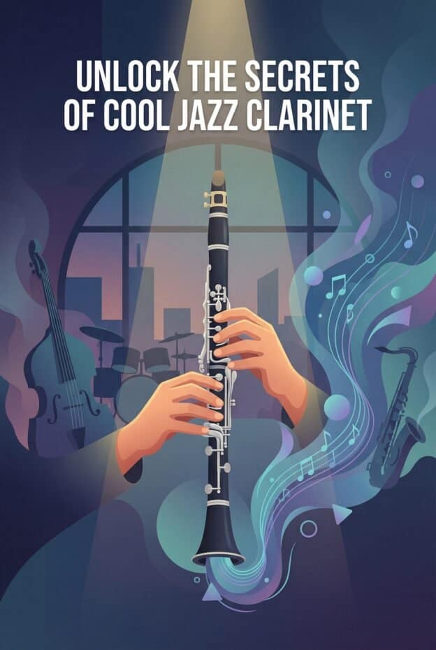 Clarinet in Cool Jazz: Tone, History, Technique & Essential Recordings 1 High-quality jazz clarinet with musical notes, music stand, and jazz instruments in the background. Perfect for music enthusiasts, jazz musicians, or clarinet lovers.