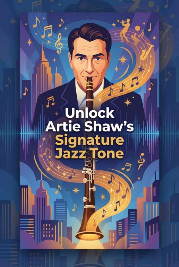 Artie Shaw Clarinet: Biography, Tone, and Lasting Influence on Jazz 1 Vivid illustration of jazz legend Artie Shaw playing his clarinet with a cityscape backdrop and musical notes, highlighting his signature jazz tone.