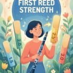 Clarinet Reed Strength for Beginners: Complete Starter Guide to Choosing the Right Reed Bright, colorful illustration of a woman holding a clarinet and a numbered reed on a floral background promoting beginner reed instrument mastery.