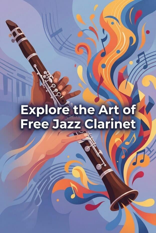 Vivid illustration of a jazz clarinet with colorful musical notes and flowing shapes, highlighting the artistry and creativity of jazz music. Perfect for promoting jazz clarinet performances and musical education.