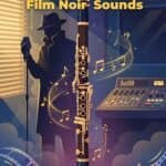 Clarinet in Film Noir: Sound, Scores, and Studio Secrets A stylized illustration of a jazz clarinetist in noir film style with music notes, recording studio setup, and moody lighting, emphasizing the role of clarinet sounds in film noir.