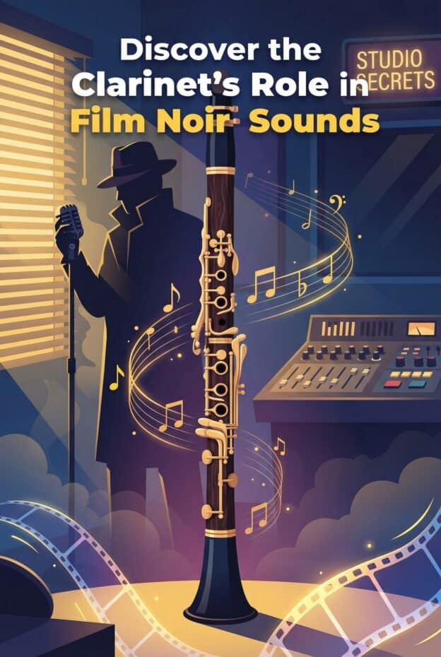 Clarinet in Film Noir: Sound, Scores, and Studio Secrets 1 A stylized illustration of a jazz clarinetist in noir film style with music notes, recording studio setup, and moody lighting, emphasizing the role of clarinet sounds in film noir.