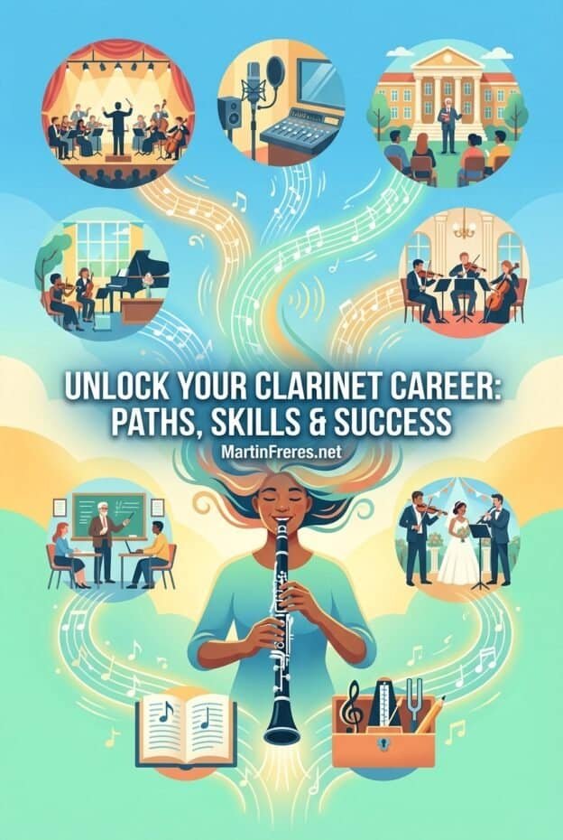 2. Illustration of musical scenes including a band, studio, school, orchestra, and wedding, emphasizing clarinet education, skills development, and career success in music.