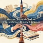 Classical Clarinet Interpretation: Styles, History, Setups & Player Lessons Elegant grand clarinet with sheet music and classical architecture in background, promoting lessons, history, and interpretation of master classical clarinet music.