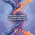 Clarinet Transposition: Complete Guide for Bb, A, Eb and Bass Clarinet Vibrant illustration showcasing musical notes and keys amidst flowing, colorful lines representing master clarinet transposition techniques.