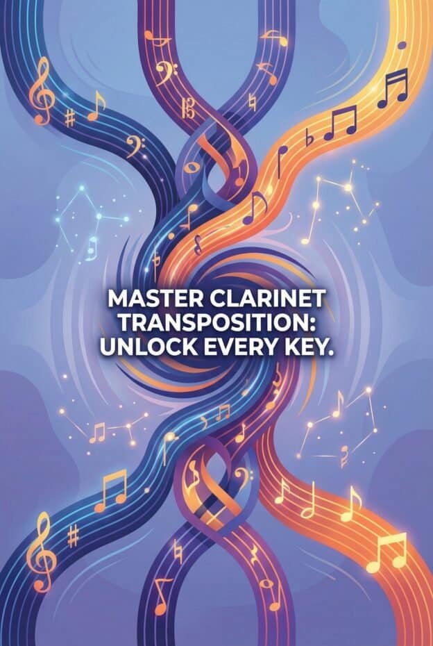 Clarinet Transposition: Complete Guide for Bb, A, Eb and Bass Clarinet 1 Vibrant illustration showcasing musical notes and keys amidst flowing, colorful lines representing master clarinet transposition techniques.