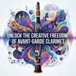 Vibrant artistic digital illustration of an avant-garde clarinet surrounded by colorful abstract music elements, symbols, and cityscapes emphasizing musical creativity and innovation.
