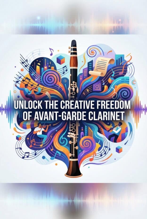 Vibrant artistic digital illustration of an avant-garde clarinet surrounded by colorful abstract music elements, symbols, and cityscapes emphasizing musical creativity and innovation.