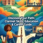 Clarinet Players' Educational Background: Paths, Skills & Careers Explained Image features a vibrant illustration promoting clarinet skills, education, and career development through music. Showcases commitment to musical training, recording and teaching studios, alongside academic and career opportunities.
