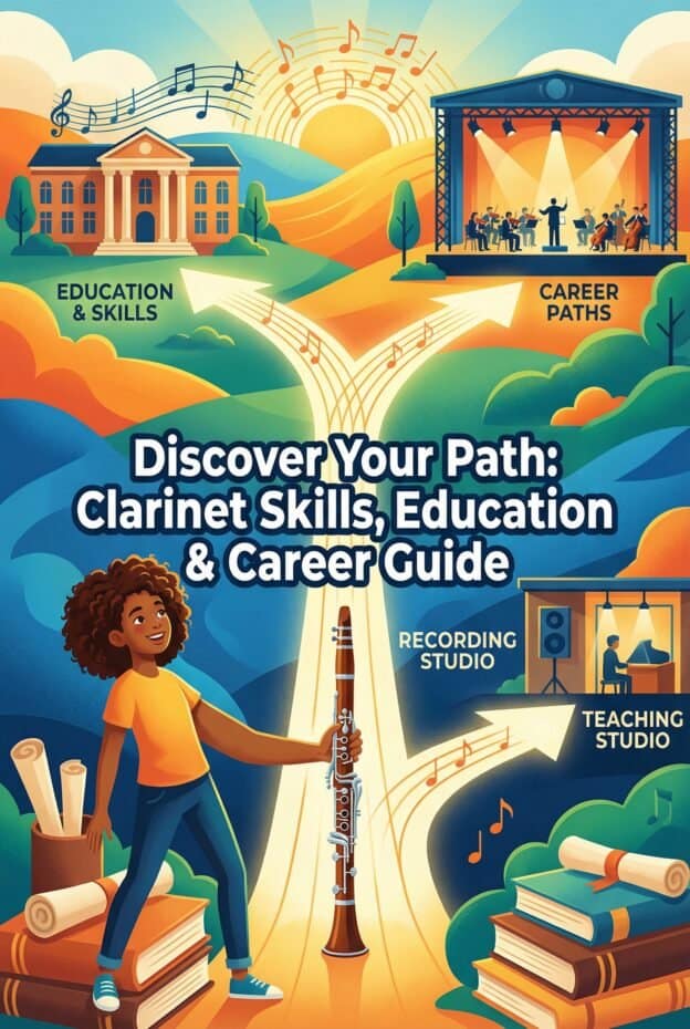 Clarinet Players' Educational Background: Paths, Skills & Careers Explained 1 Image features a vibrant illustration promoting clarinet skills, education, and career development through music. Showcases commitment to musical training, recording and teaching studios, alongside academic and career opportunities.