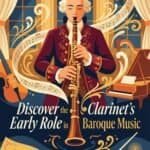 Clarinet in Baroque Music: Origins, Role, and Repertoire Elegant baroque music scene featuring a clarinetist, sheet music, grand piano, and violin. Perfect for classical music lovers, historical instruments, and baroque music enthusiasts.