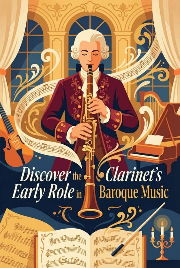Clarinet in Baroque Music: Origins, Role, and Repertoire 1 Elegant baroque music scene featuring a clarinetist, sheet music, grand piano, and violin. Perfect for classical music lovers, historical instruments, and baroque music enthusiasts.