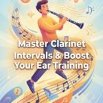 Clarinet Interval Practice: Drills, Ear Training & Routines That Work Illustration of a young person playing a clarinet with musical notes and ear icons around, promoting clarinet training, ear training, and musical intervals.