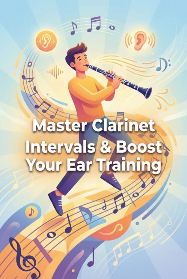 Clarinet Interval Practice: Drills, Ear Training & Routines That Work 1 Illustration of a young person playing a clarinet with musical notes and ear icons around, promoting clarinet training, ear training, and musical intervals.