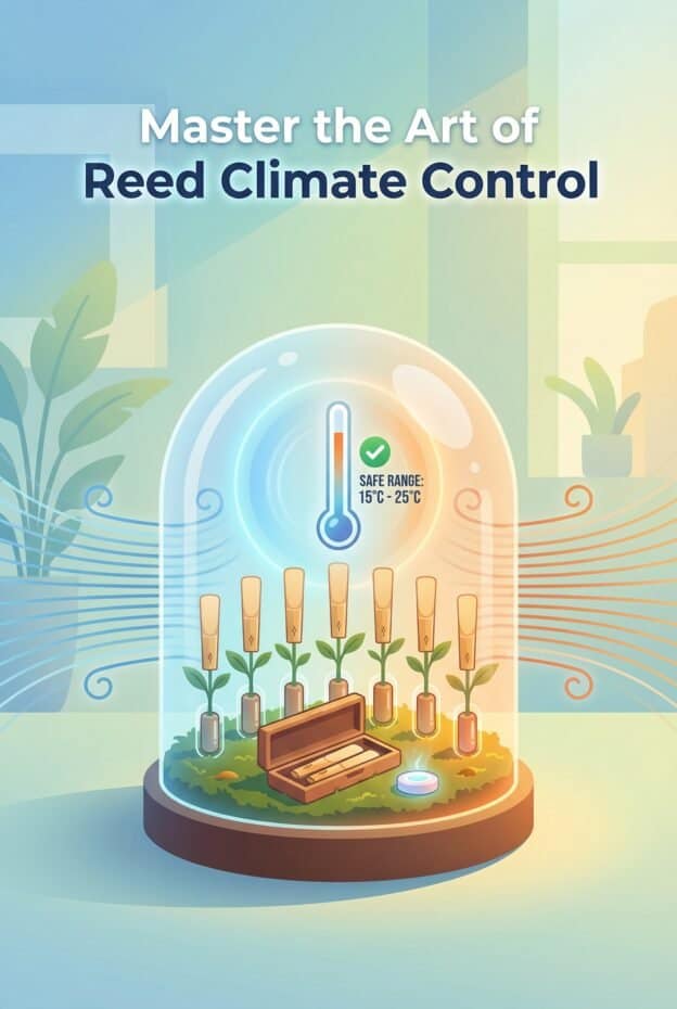 Clarinet Reed Storage Temperature: Complete Guide to Safe Ranges & Care 1 Reed climate control illustration showing proper temperature range for reed storage, emphasizing optimal conditions for reed instrument maintenance and preservation.