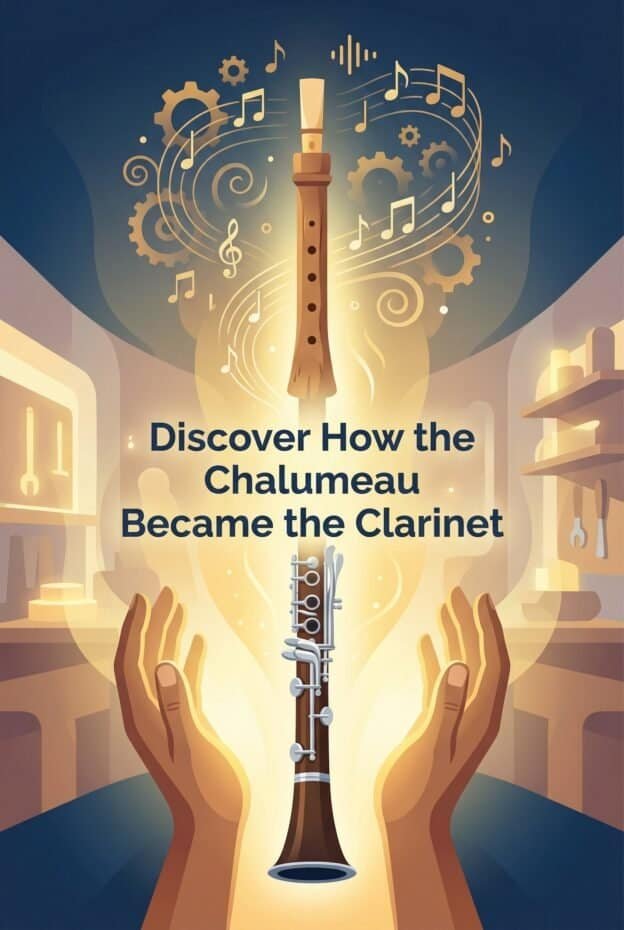 Johann Christoph Denner: Maker Who Turned the Chalumeau Into the Clarinet 1 Elegant illustration of a clarinet with musical notes and gears, reflecting craftsmanship and music innovation by Martin Freres Company.
