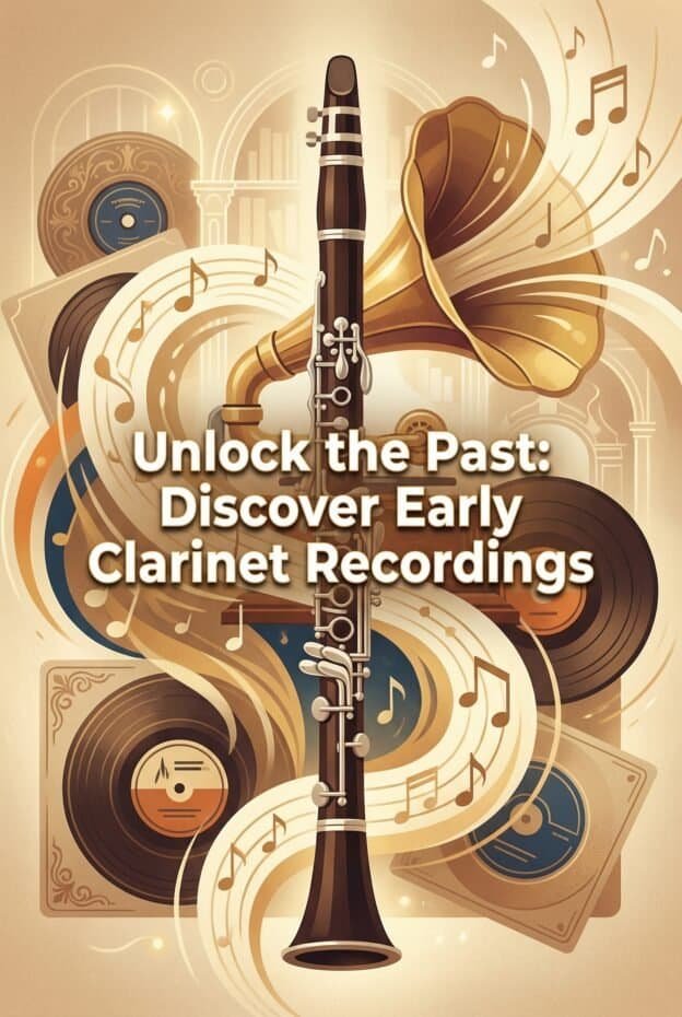 Early Clarinet Recordings: History, Sound, Archives & Listening Guide 1 Vintage clarinet surrounded by records and musical notes, highlighting early jazz atmosphere and historical music recordings by Martin Freres Company.