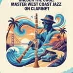 Clarinet in West Coast Jazz: History, Sound, Technique & Essential Recordings Jazz clarinetist performing on a scenic West Coast backdrop with ocean waves, bridge, palm trees, and sunset. Colorful, artistic design emphasizing jazz music, clarity, and relaxed California vibes.