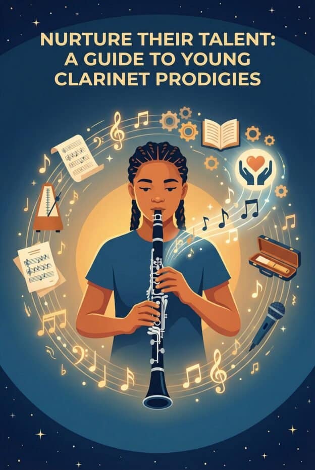 Young Prodigy Clarinet Players: Practice, Gear, Repertoire & Support 1 Young girl playing clarinet surrounded by musical elements and educational icons.