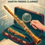 Grand Prix Clarinet: How To Identify, Date, and Preserve a Historic Martin Freres Instrument Close-up of a vintage Martin Freres clarinet inside its case, highlighting intricate gold details and craftsmanship, ideal for clarinet enthusiasts and collectors.
