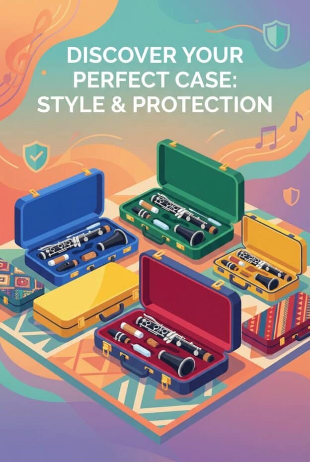 Colorful protective cases for clarinets, flutes, and saxophones with foam padding and secure latches.