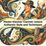Klezmer Clarinet: History, Modes, Techniques, and How to Play in Authentic Style Bright and artistic illustration of a man playing clarinet with traditional and musical motifs, emphasizing themes of Klezmer music, musical techniques, and authentic clarinet styles for musicians.