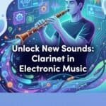 Clarinet in Electronic Music: Techniques, Gear, AR/VR & Performance Workflows High-tech digital illustration of a young musician playing a clarinet surrounded by vibrant sound waves and digital interfaces, emphasizing electronic music and modern musical technology.