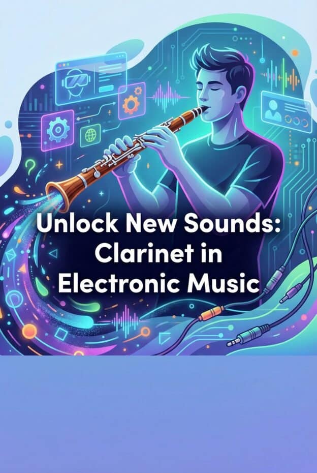 Clarinet in Electronic Music: Techniques, Gear, AR/VR & Performance Workflows 1 High-tech digital illustration of a young musician playing a clarinet surrounded by vibrant sound waves and digital interfaces, emphasizing electronic music and modern musical technology.