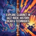 Clarinet in Jazz-Rock: History, Gear, Techniques & Essential Recordings Vibrant illustration of a clarinet with musical notes, lightning, and guitar elements, promoting jazz-rock history, gear, and techniques by Martin Freres Company.