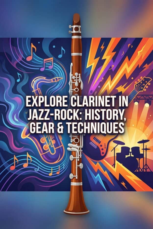 Vibrant illustration of a clarinet with musical notes, lightning, and guitar elements, promoting jazz-rock history, gear, and techniques by Martin Freres Company.
