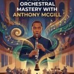 Anthony McGill Clarinet Guide: Biography, Technique, and Orchestral Mastery Elegant clarinet player in a concert hall background with vibrant musical notes flowing around.