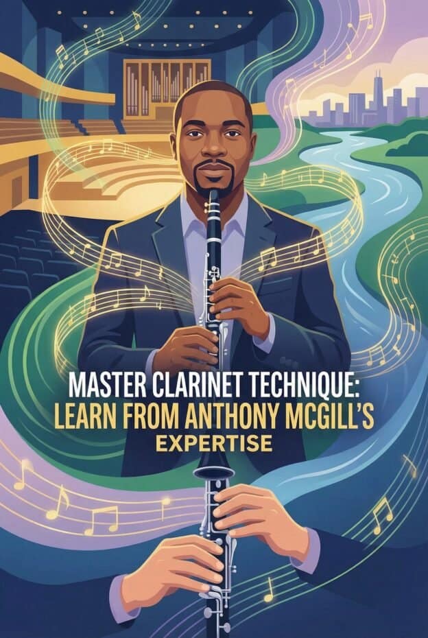 Anthony McGill Clarinet Guide: Biography, Technique, and Orchestral Mastery 1 Elegant clarinet player in a concert hall background with vibrant musical notes flowing around.