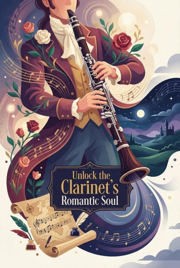 Clarinet in the Romantic Era: History, Sound, and Performance Practice 1 Elegant clarinet illustration with roses and musical ambiance, perfect for promoting classical music, musical instruments, and artistic inspiration.