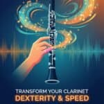 Clarinet Pinky Finger Exercises: Build Speed, Strength & Control Illustration of a clarinet with dynamic musical notes and vibrant swirls, emphasizing skill development, dexterity, and speed for musicians.