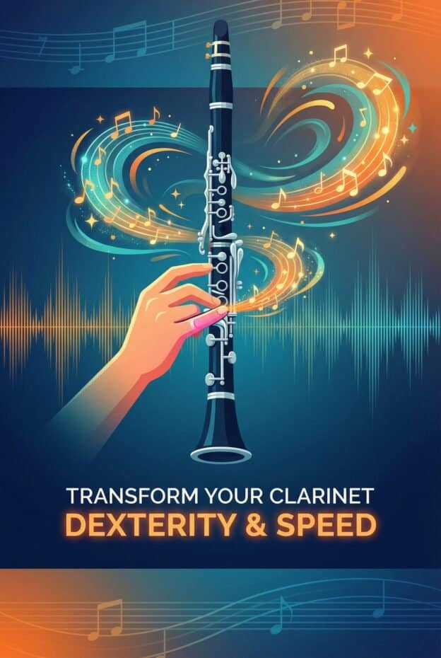 Clarinet Pinky Finger Exercises: Build Speed, Strength & Control 1 Illustration of a clarinet with dynamic musical notes and vibrant swirls, emphasizing skill development, dexterity, and speed for musicians.