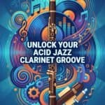 Clarinet in Acid Jazz: Tone, Techniques, Gear & Essential Recordings Vibrant illustration of a clarinet surrounded by musical notes and colorful abstract gears, emphasizing jazz music and clarinet groove. Perfect for promoting musical instruments or jazz music services.