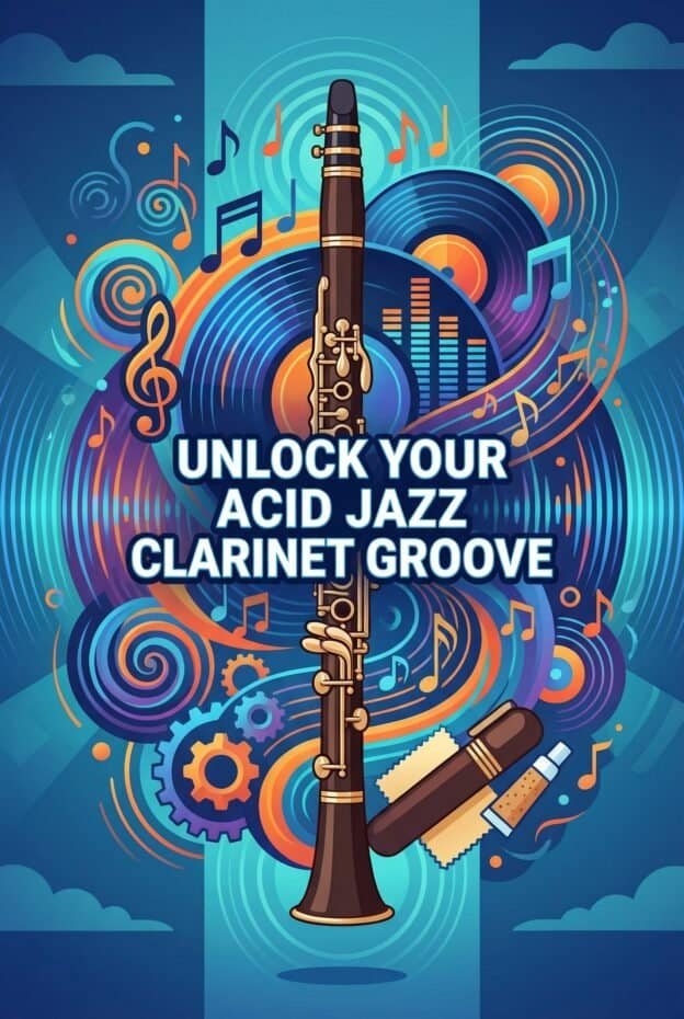 Vibrant illustration of a clarinet surrounded by musical notes and colorful abstract gears, emphasizing jazz music and clarinet groove. Perfect for promoting musical instruments or jazz music services.