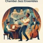 Enjoy the vibrant scene of a jazz ensemble with piano, saxophone, and double bass in a lively concert setting, highlighting the artistry of chamber jazz groups.