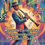 Clarinet in Ska Jazz: History, Technique, Gear & Essential Recordings Jazz clarinet playing in vibrant city skyline with musical instruments and colorful abstract background. Perfect for music, jazz, clarinet, and saxophone enthusiasts seeking masterful sound techniques.