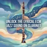 Vibrant digital illustration of a clarinet surrounded by flowing musical notes and abstract waves, emphasizing jazz and classical music themes. Perfect for promoting musical instruments and jazz sound content.