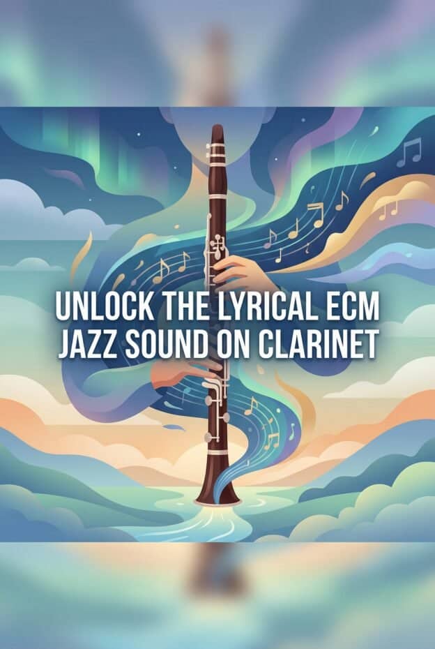 Clarinet in ECM-Style Jazz: Sound, Role, Repertoire & Technique Guide 1 Vibrant digital illustration of a clarinet surrounded by flowing musical notes and abstract waves, emphasizing jazz and classical music themes. Perfect for promoting musical instruments and jazz sound content.