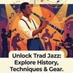 Clarinet in Trad Jazz: History, Techniques, Gear & Essential Listening Vibrant jazz band scene featuring a young saxophonist, trumpet player, guitarist, and drummer, emphasizing jazz history, techniques, and gear.